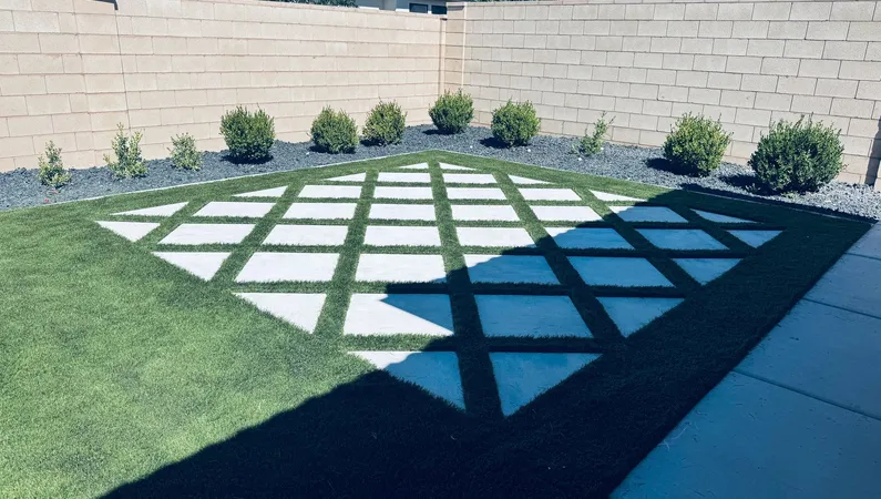 Residential lawn with healthy artificial turf after professional cleaning