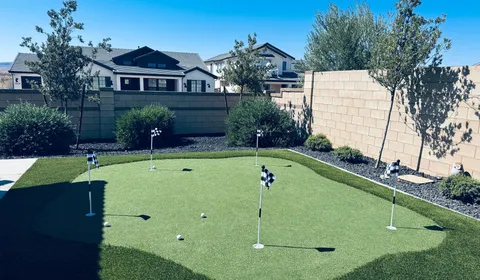 Healthy residential lawn after professional artificial turf maintenance